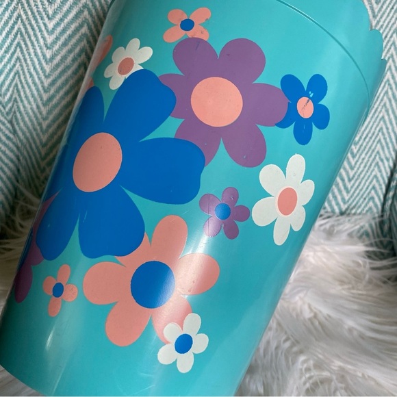 Vintage 60s Mod Hostess Floral Teal Trash Can Bin Scalloped Blue Flower Power - Picture 7 of 11